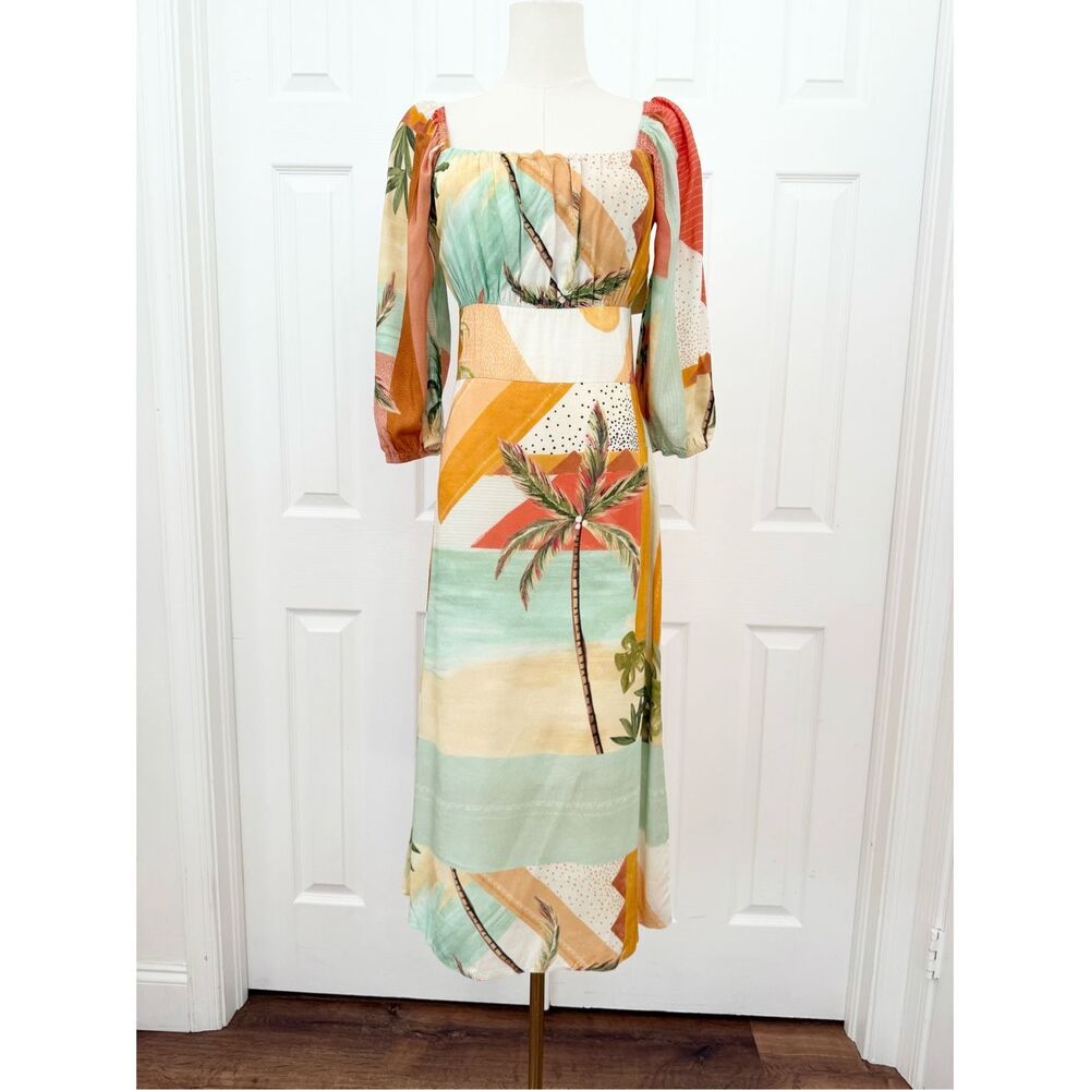 Lunender Palm Tree Beach Scene Smocked Puff Sleeve Midi Dress Size Small NWT